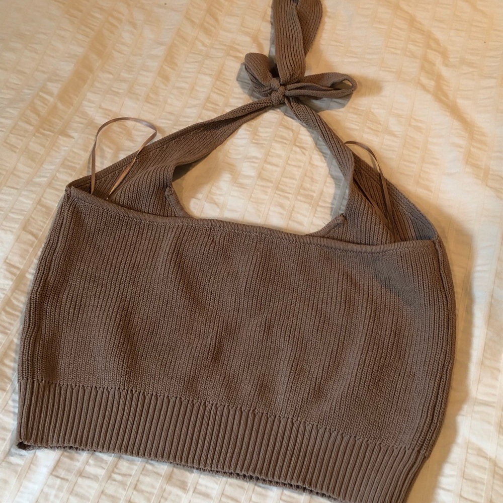 Madison the Label Knit Halter Crop Top in Brown.